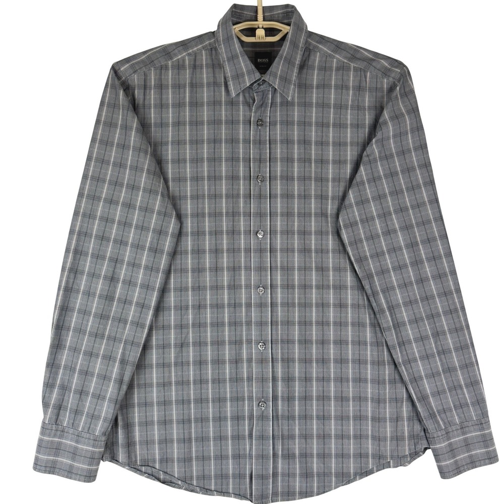 BOSS Hugo Boss Shirt Mens L Slim Fit Gray Plaid Stretch Cotton Long Sleeve